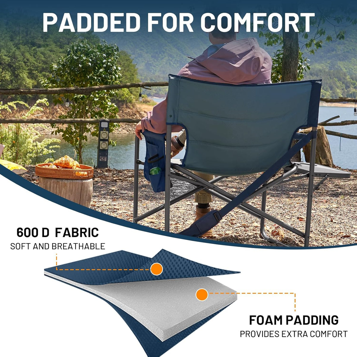 TIMBER RIDGE XXL Director’s Chair – Heavy Duty Folding Chair with Side Table, 500 lb Capacity, Extra Wide Padded Seat for Camping, Sports, Beach, Patio, and Outdoor Use, Blue-2 Pack