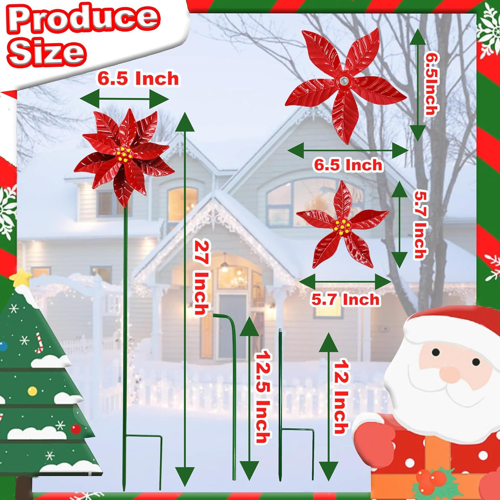 Metal Flower Wind Spinner Garden Lawn Stakes Yard Art, 27 Inch Poinsettia Windmill Iron Handicraft Lawn Decorations, 5 Pieces Christmas Star Stake Outside Garden Decorations for Metal Yard Art