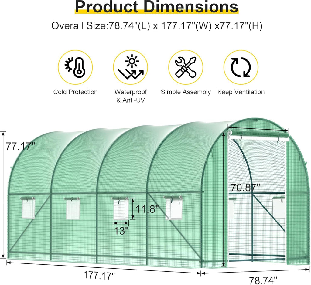 Greenhouse, 15’x7’x7’ Walk-in Greenhouse Heavy Duty Tunnel Green House with 6 Ventilated Mesh Windows & Zippered Roll-up Door, Large Plant Garden Hot House Outdoor with Reinforced Frame