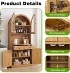 Farmhouse Pantry Cabinet w/Charging Station, Oak | Adjustable Shelves & Open Countertop, Cup Holder & 2 Drawers 75" Tall Arched Coffee Bar for Kitchen Dining Room Living Room