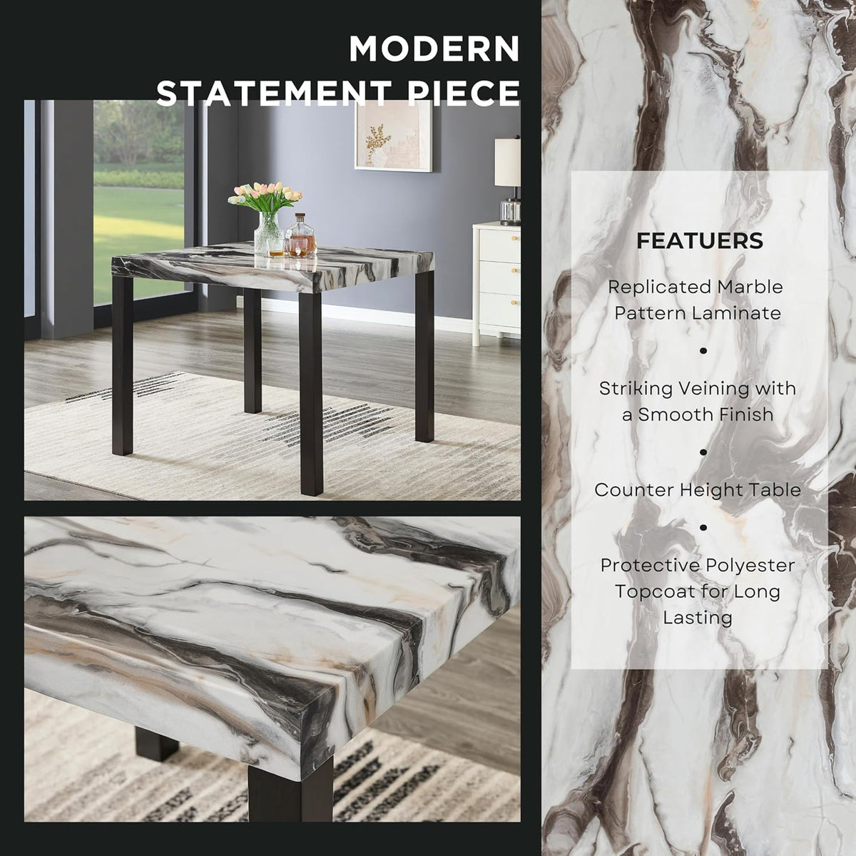 Roundhill Furniture Cavira Modern Faux Marble Counter Height Dining Table