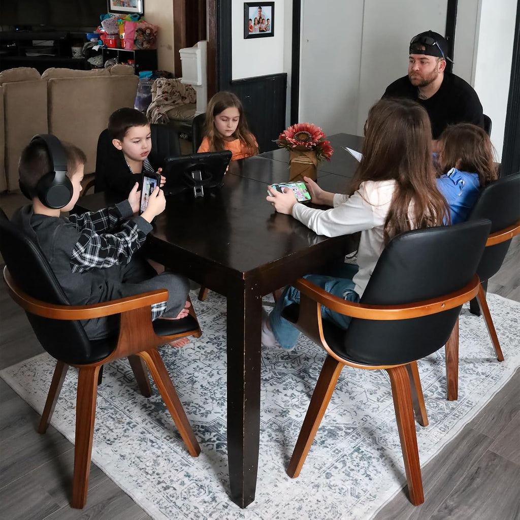 WUPOTO Swivel Dining Chairs, Set of 6 Kitchen Swivel Chairs with Walnut Craftsmanship, Upholstered Faux Leather, Wooden Arms and Legs, Walnut Dining Chairs for Kitchen/Living Room - Black