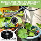 100FT 1/4 inch New Quick-Connect Drip Irrigation Kit Distribution Hose Tubing for Garden Irrigation System (Includes 2 Pcs 6-Way Connector, 5 Pcs 1/4" Tee and 10 Pcs End Plugs)