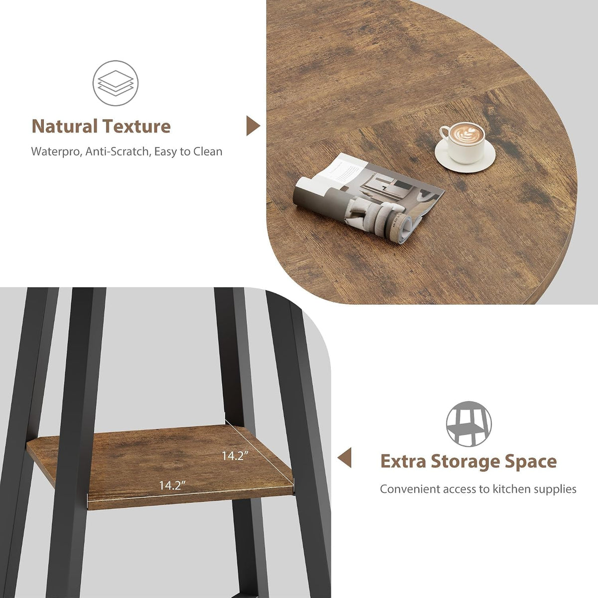 GarveeHome 47" Round Dining Table for 4-6 with Storage Shelf, Industrial Round Kitchen Table with Sturdy Metal Pedestal Base, Circle 4 Dinner Table for Dinner, Kitchen, Dining Room, Living Room