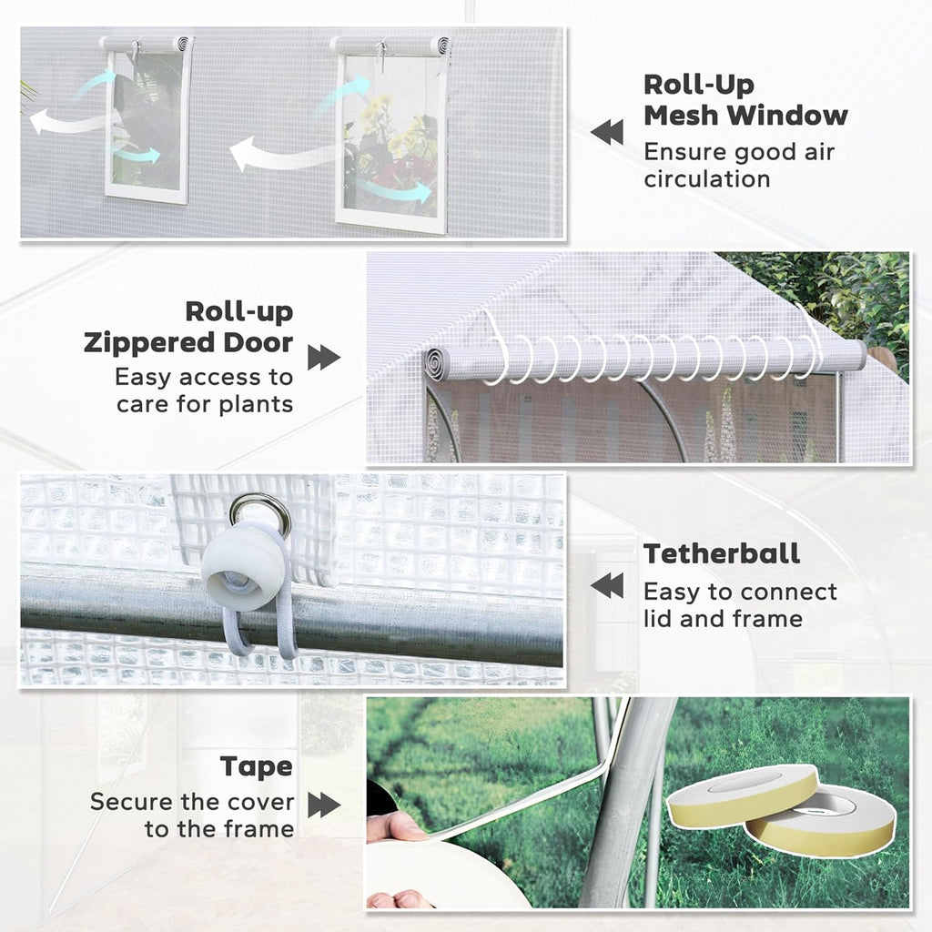 Outsunny 20' x 10' x 7' Outdoor Walk-in Greenhouse, Tunnel Green House with Roll-up Windows, Zippered Door, PE Cover, Heavy Duty Steel Frame, White