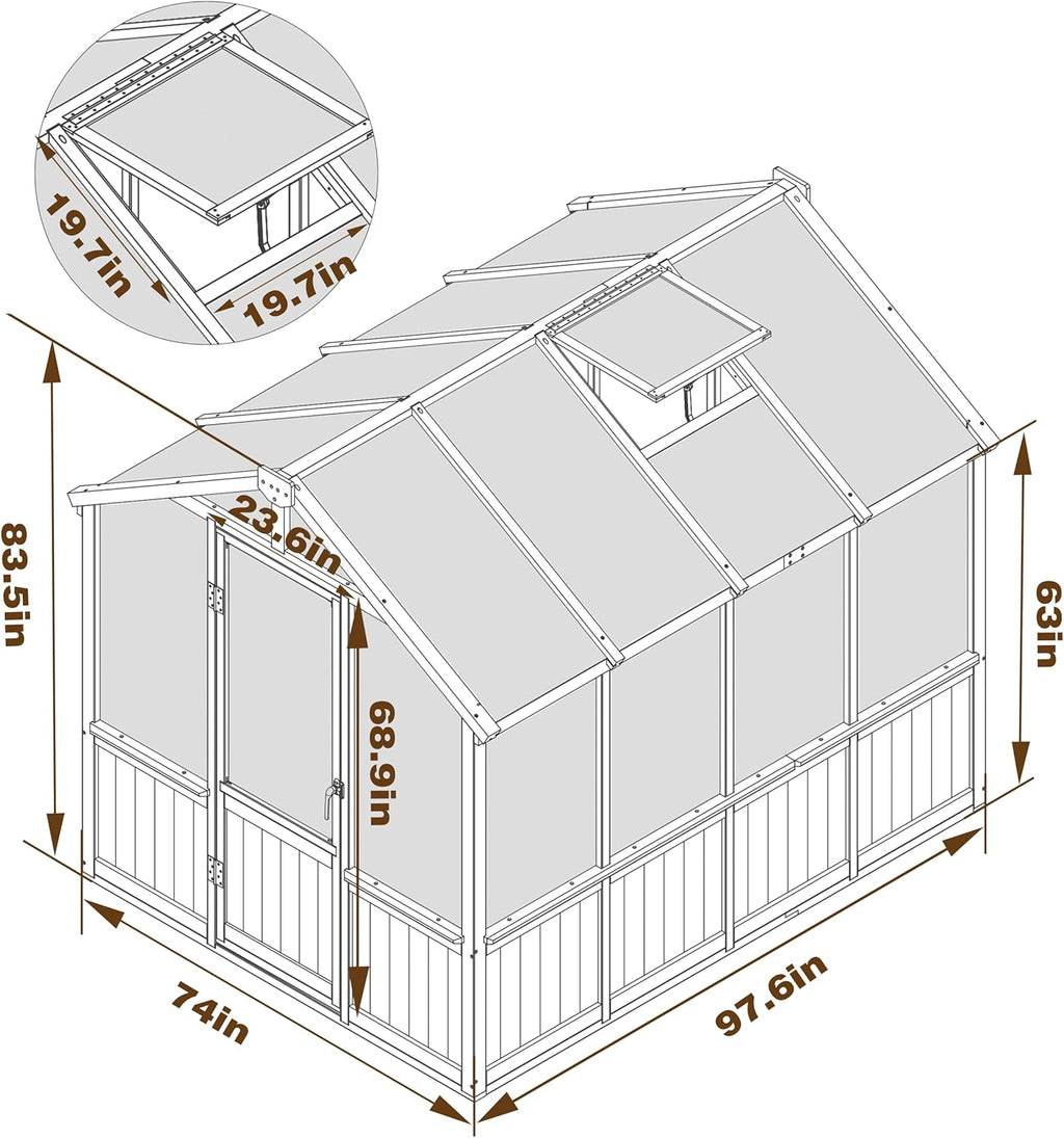 6x8 FT Greenhouse Kit for Outdoor, 6MM Thick Polycarbonate Panel Wooden Walk-in Green House with Lockable Door and Adjustable Roof Vent, Backyard Garden, Light Mocha Brown