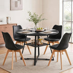 42in Round Dining Table Set for 4, Kitchen Table with Chairs | Circle Table, PU Leather Chair, Metal Cross Base, Storage Shelf, Breakfast Nook, Space-Saving, Apartment, Living Room, Black