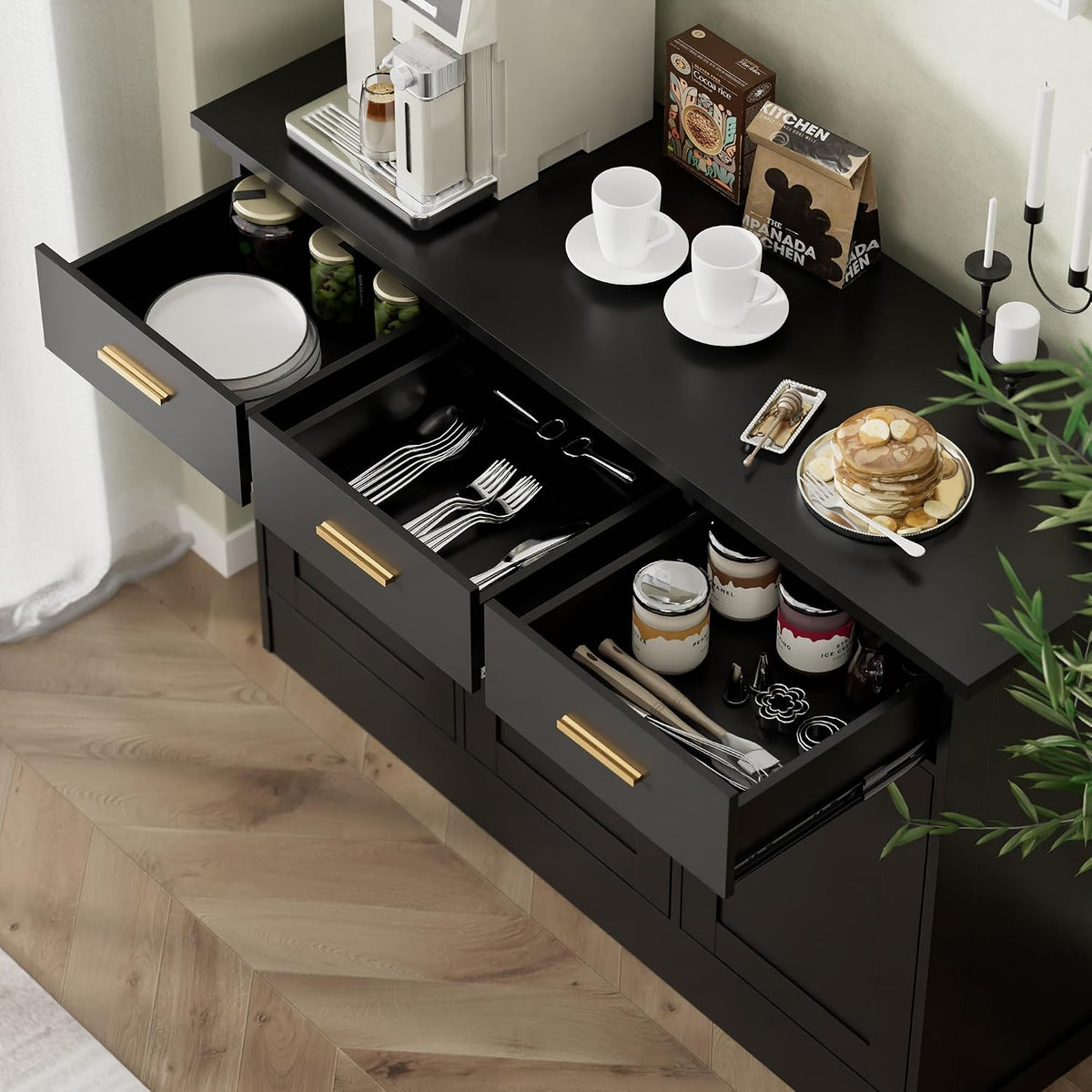 Buffet Cabinet with Storage - Buffets & Sideboards Kitchen Storage Cabinet, Wood Console Table Coffee Bar Accent Cabinets for Living Room Dining Room Entryway Large 3 Doors & Drawers, Black 47.2"W