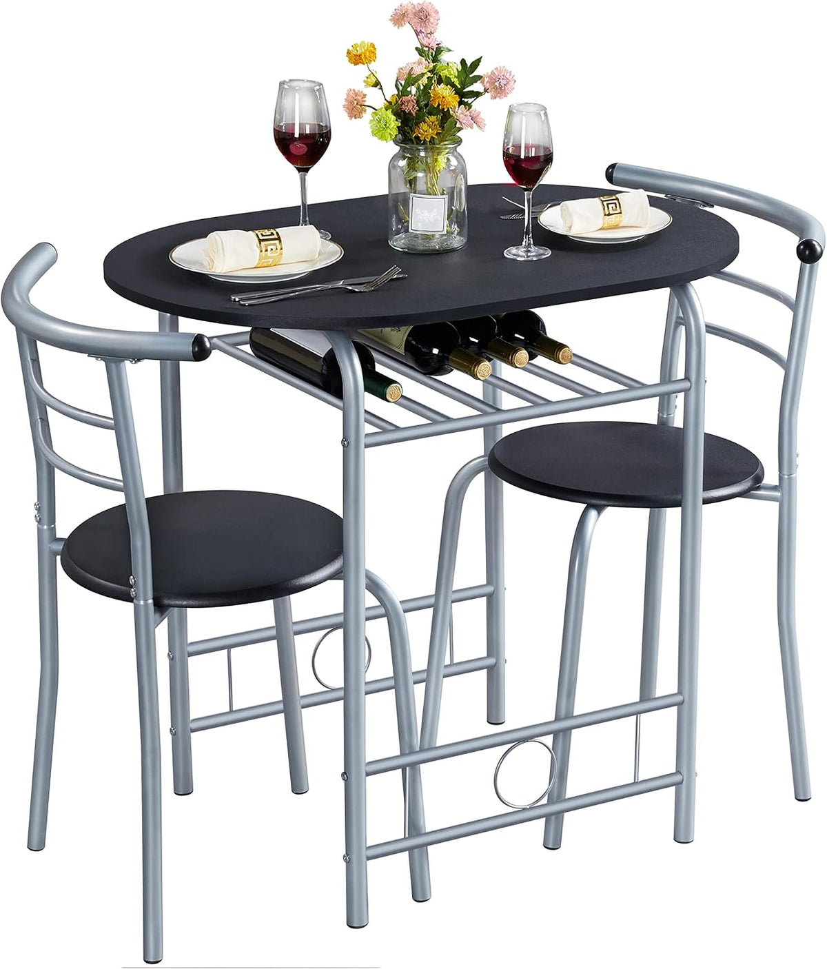 Yaheetech 3-Piece Dining Room Table Set, Kitchen Table & Chair Sets for 2, Compact Table Set w/Steel Legs, Built-in Wine Rack for Breakfast Nook, Small Space, Apartment, Black, 31.5x21x29" (LxWxH)