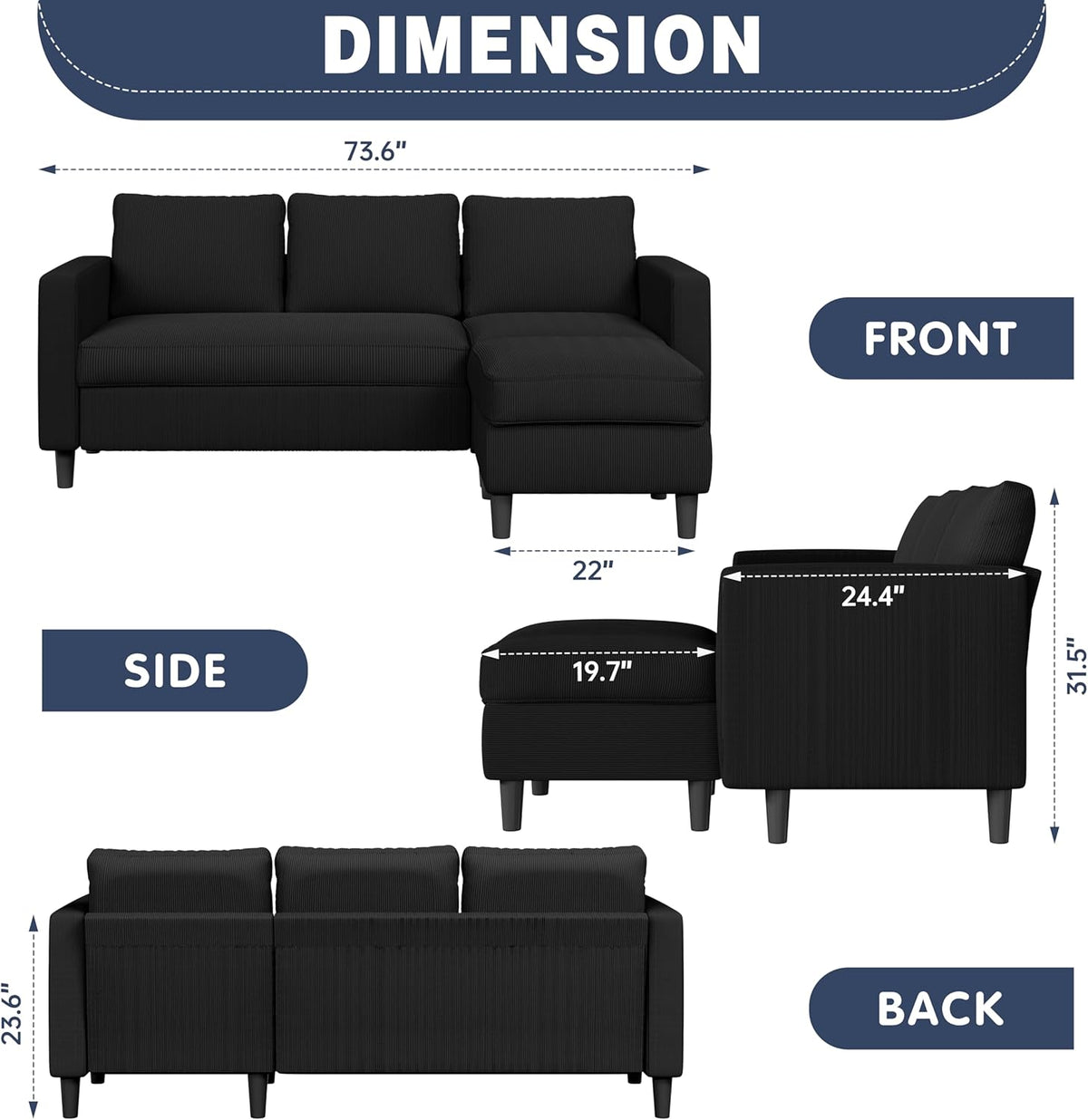 Shintenchi L Shaped Sectional Sofa Couch,Convertible Modular Sofas with Movable Ottoman,3-Seat Upholstered Corduroy Couch,Small Couches for Living Room,Apartment,Office(Black)