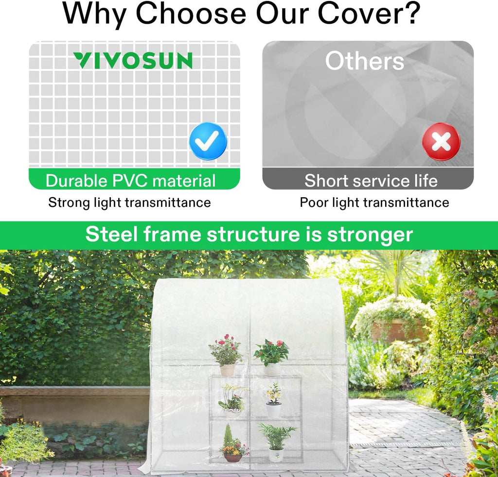 VIVOSUN Mini Lean-to Greenhouse, 6.6’ x 3.3’ x 6.9’ Portable Wall House with White PE Cover and Shelf for Compact Garden 79x39x83-Inch