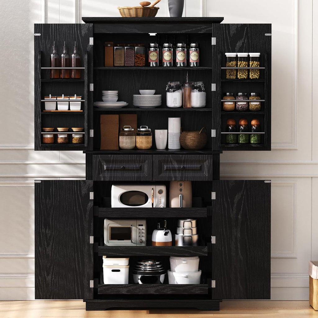 Tall Kitchen Pantry with 3 Pull Out Storage Organizers,Farmhouse Embossed Texture Storage Pantry with 6 Door Shelves,Freestanding Cupboard for Kitchen,Dining Room (Black-PC)