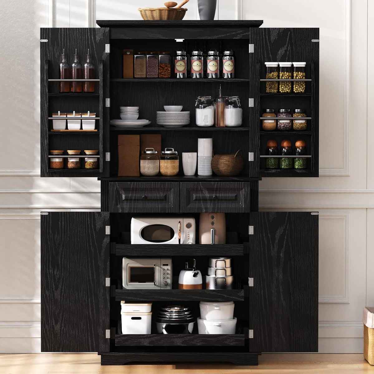 Tall Kitchen Pantry with 3 Pull Out Storage Organizers,Farmhouse Embossed Texture Storage Pantry with 6 Door Shelves,Freestanding Cupboard for Kitchen,Dining Room (Black-PC)
