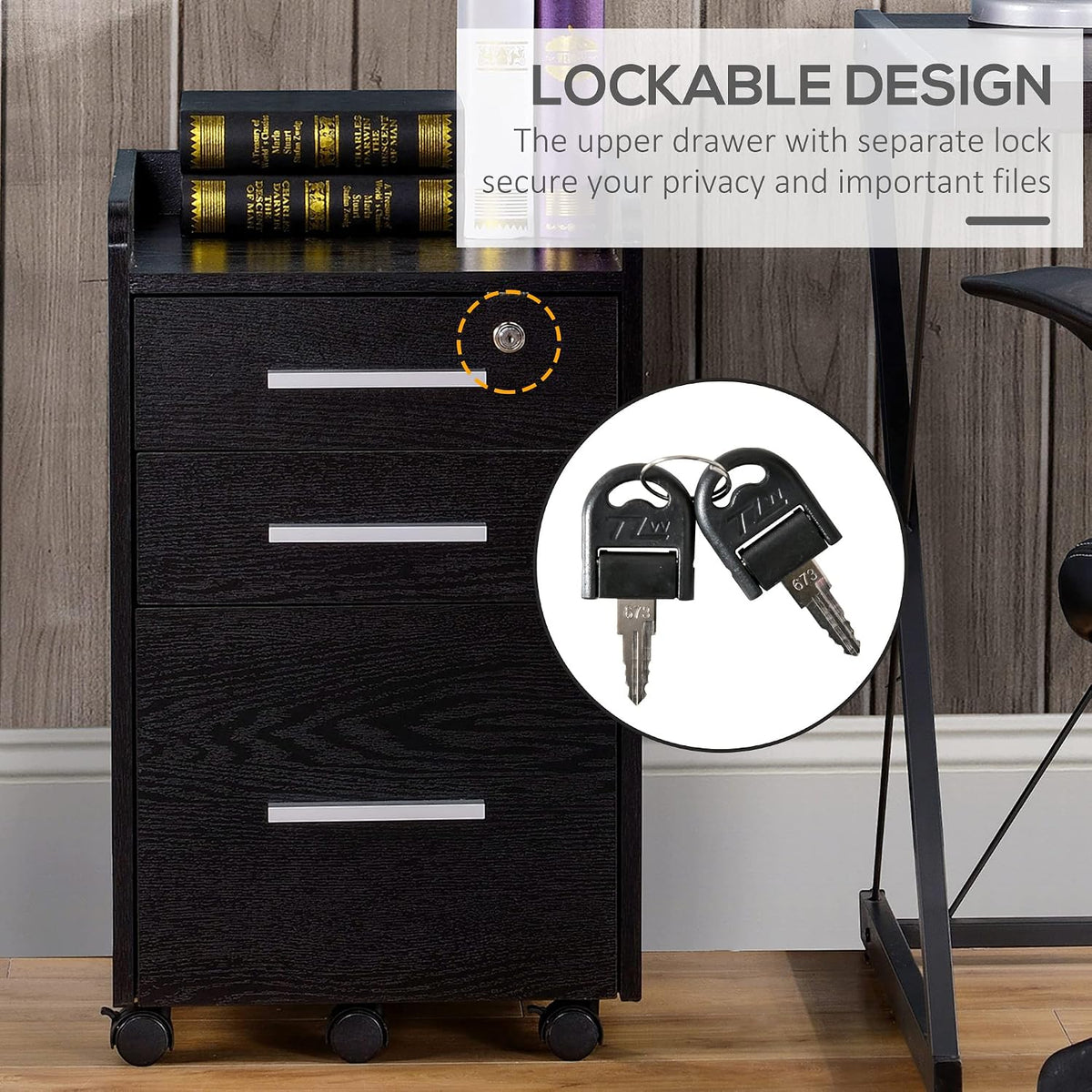 HOMCOM 3 Drawer File Cabinet Office Storage Lock, Wheels, Letter/A4, Black | Edged Top, Small Office Storage