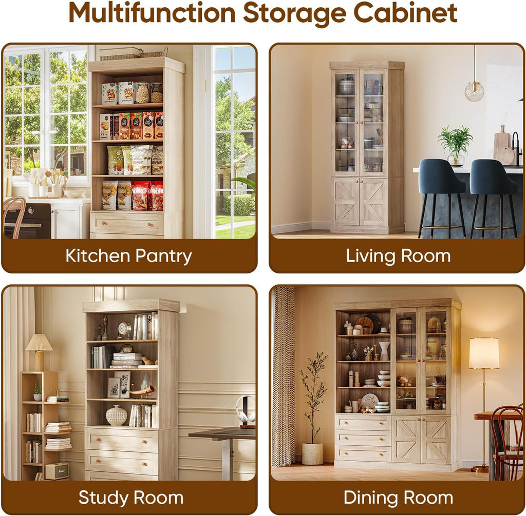 ivaniti 71" Tall Farmhouse Kitchen Pantry Cabinet, Brown Wood Hutch with Glass Doors, 3 Drawers & Adjustable Shelves, Large Storage Cabinet for Dining Room & Living Room, Set of 3