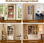 ivaniti 71" Tall Kitchen Pantry Cabinet, Rustic Farmhouse Storage Hutch with Glass Doors & Adjustable Shelves, Freestanding Wood Buffet Cabinet for Dining Room, Living Room, Brown (Set of 4)