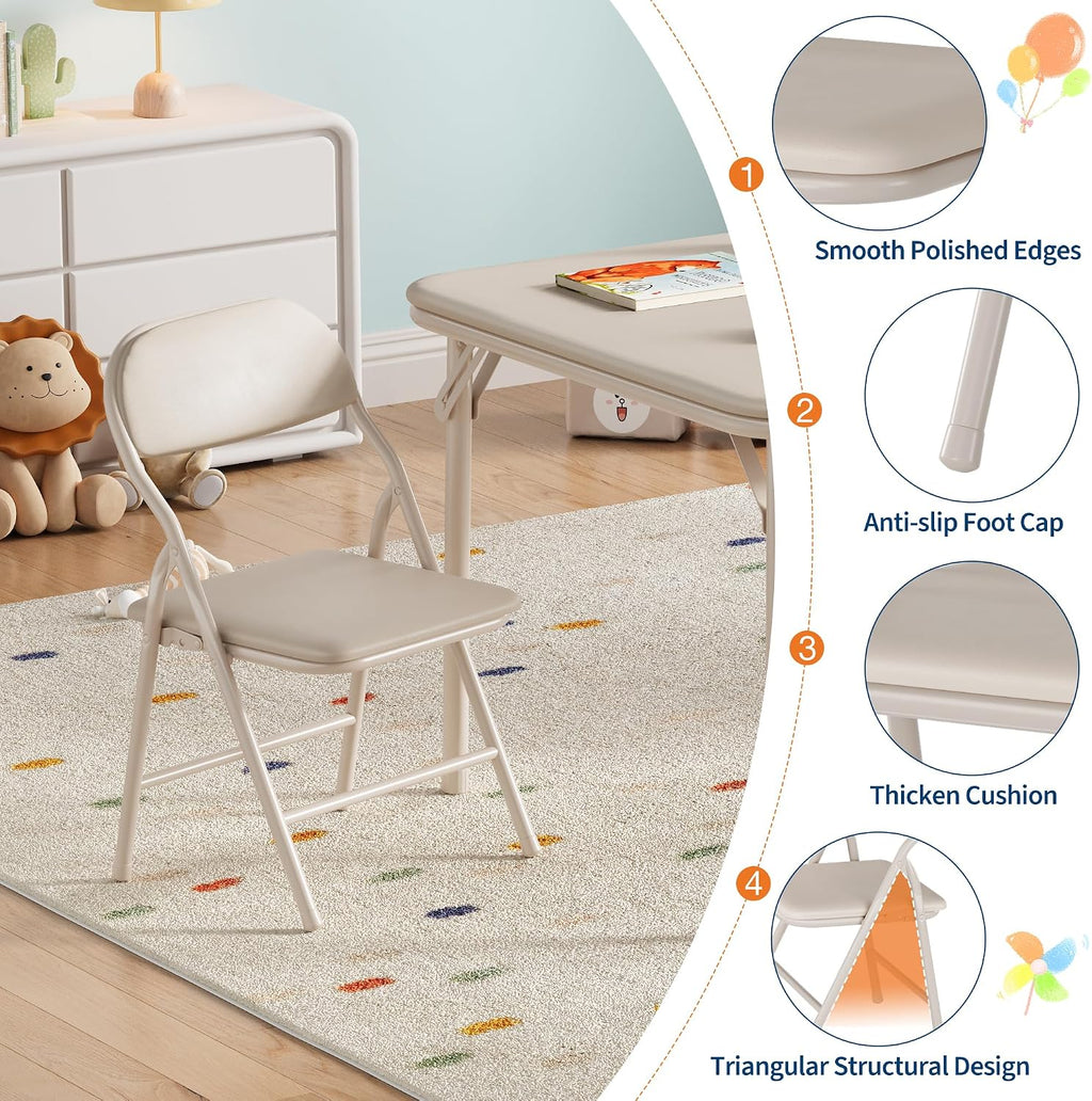 Kids Folding Table and Chairs Set – Upholstered PU Leather, Lightweight Metal Frame, Soft Cushions, Perfect for Dining, Crafts, Playroom – 3 Piece, Beige, 1 Table + 2 Chairs
