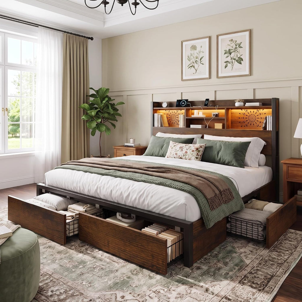 Belffin King Size Bed Frame with 6 Storage Drawers and Carving Headboard