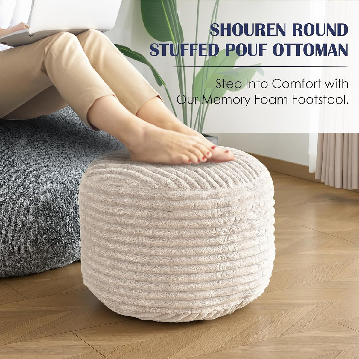 Stuffed Round Ottoman,Corduroy Pouf Ottoman Foot Rest,20 X 15 in,Beige | Memory Foam Filling,Pouf Storage Ottoman Footstool for Living Room,20 X 15 Floor Poufs for Couch,Footrest Only