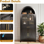 71" Tall Farmhouse Pantry Cabinet, Arched Glass Door Kitchen Storage Cabinet with Barn Door Design, Freestanding Buffet Cabinet with Adjustable Shelves for Kitchen,Living Room,Dining Room,Black