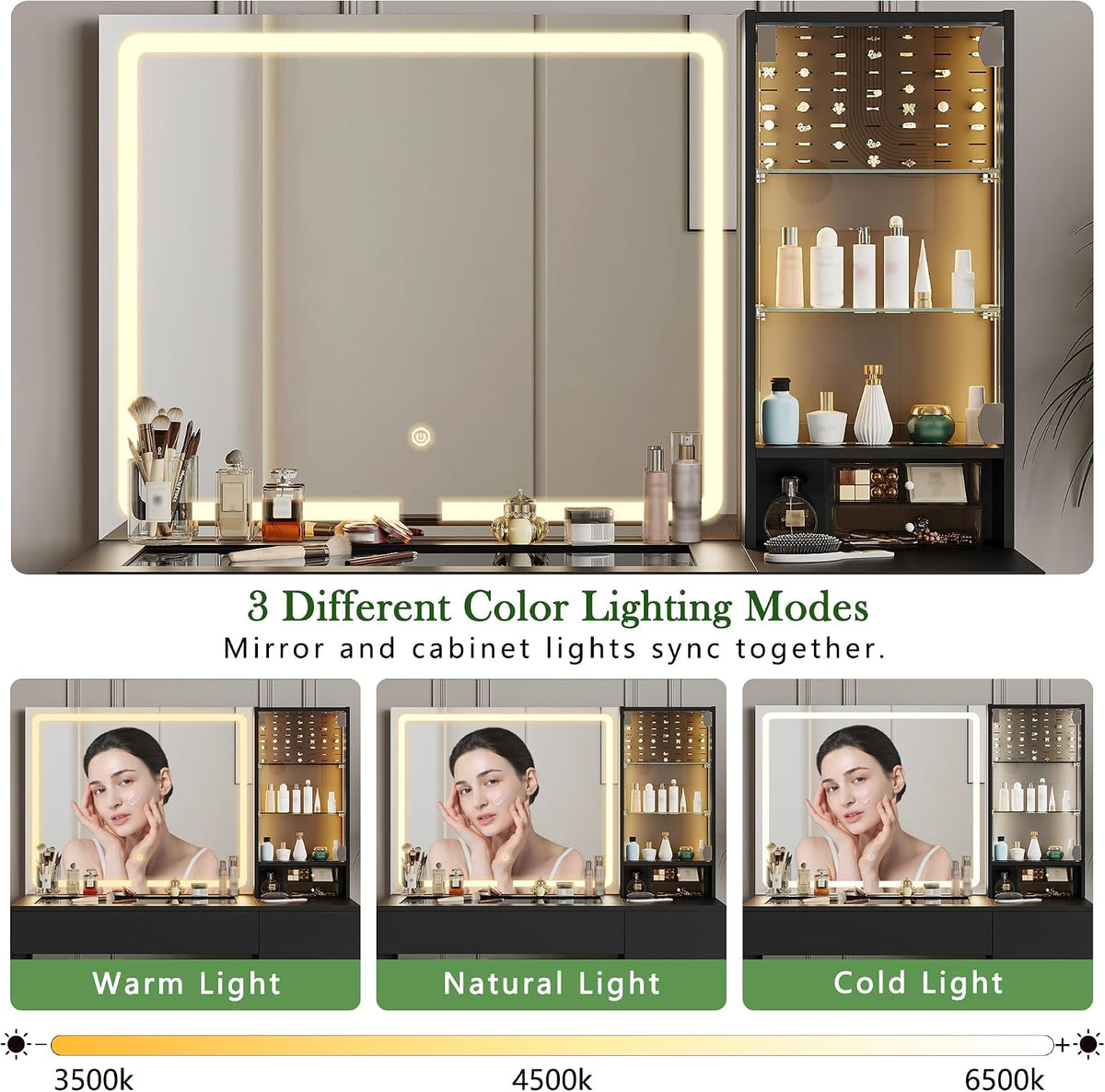 wanan Vanity with Glass Top, Black Vanity Desk with Mirror and Lights, Jewelry Storage, Power Outlet, 3 Adjustable Lighting Modes, Makeup Vanity with 2 Drawers for Bedroom