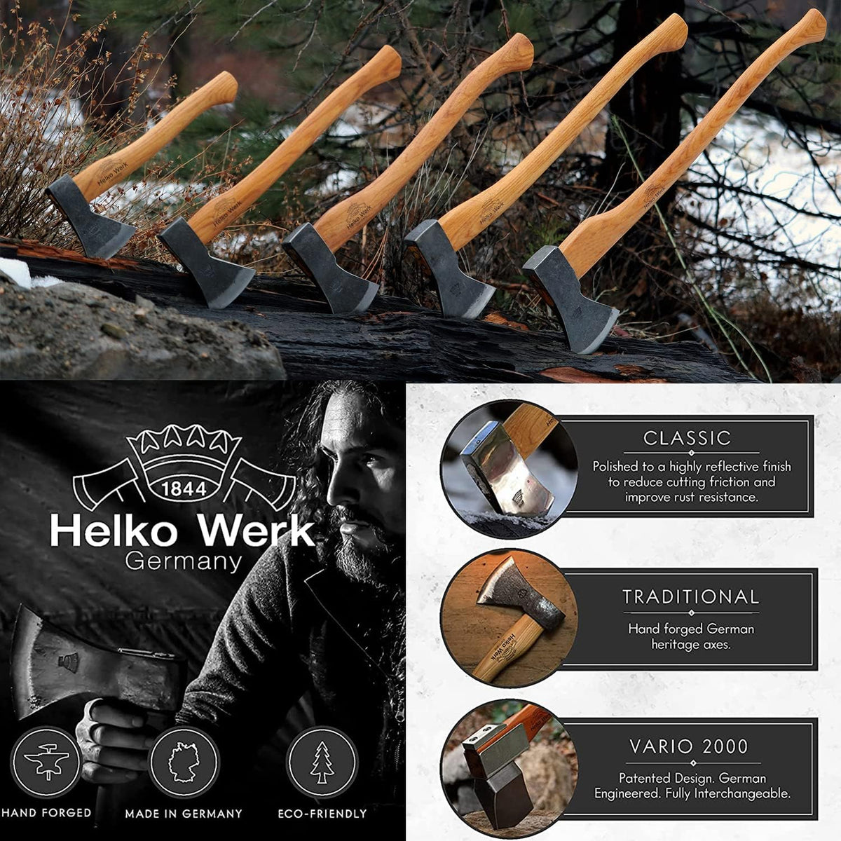 1844 Helko Werk Germany Traditional Hinterland - Made in Germany Double Bit Axe, Felling Axe for Felling Trees and Cutting Wood with Two Blades - Head 3.5 lbs, Handle 30 in. (Hinterland) #13575