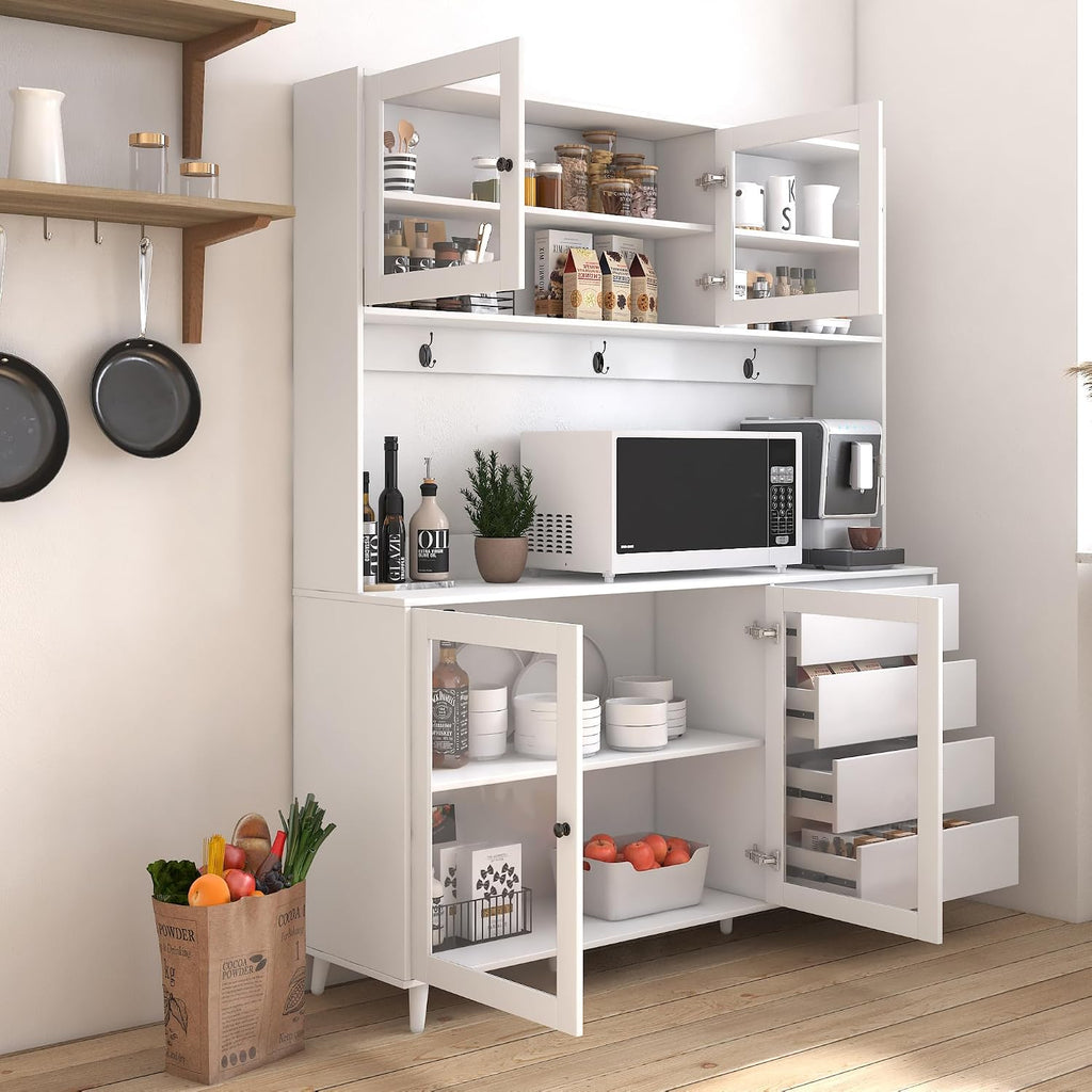 Large Freestanding Hutch Cabinet, Tall Pantry Storage with 4 Doors, 4 Drawers and Microwave Shelf, White Standing Kitchen Cupboard for Dining Room and Kitchen Organization (White)