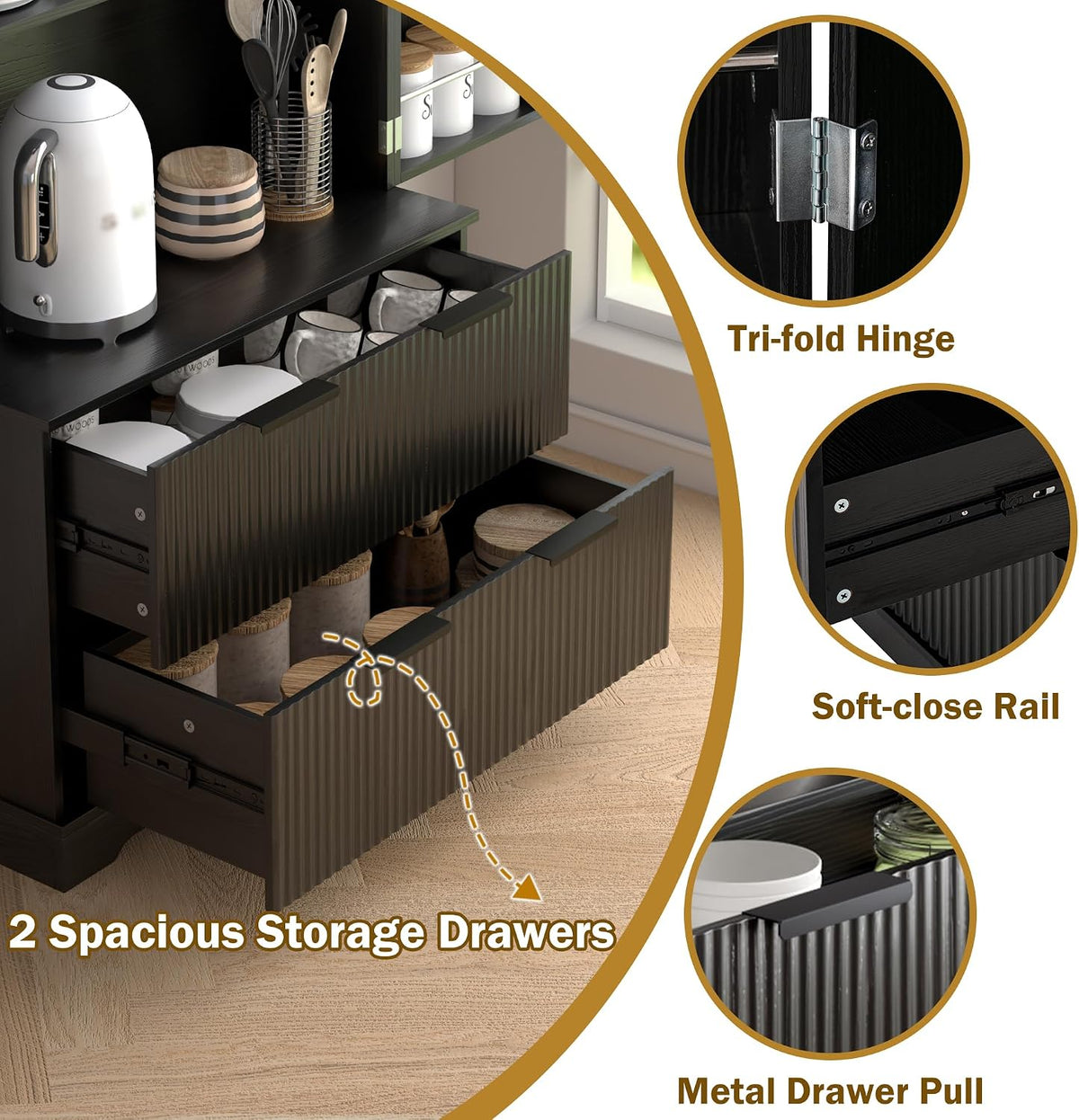 72" Modern Fluted Kitchen Pantry Cabinet with 2 Large Drawers & 8-Door Spice Rack, Freestanding Storage Organizer for Entryway, Dining Room, Office, and Bathroom (Black)