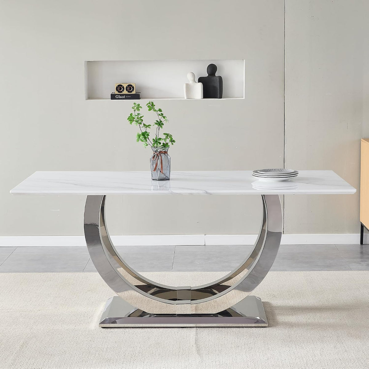 SSLine Modern White Marble Dining Table for 6-8 Rectangle 69.3" Faux Marble Kitchen Table with Silver Stainless Steel Dual U Shape Pedestal Base Luxury Dining Room Table for Home Kitchen