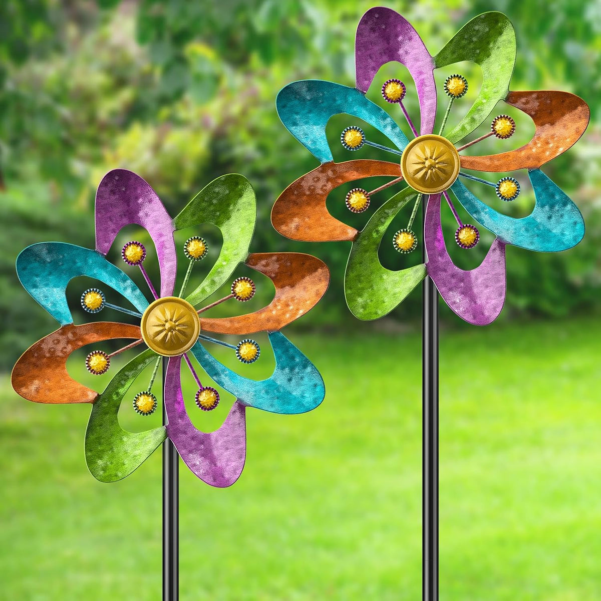 Metal Wind Spinners Outdoor, 360° Wind Sculpture Spinner with Metal Stake, Waterproof Spinners Green Kinetic Wind Spinner for Yard Lawn Decor (A- Colourful 2PC)