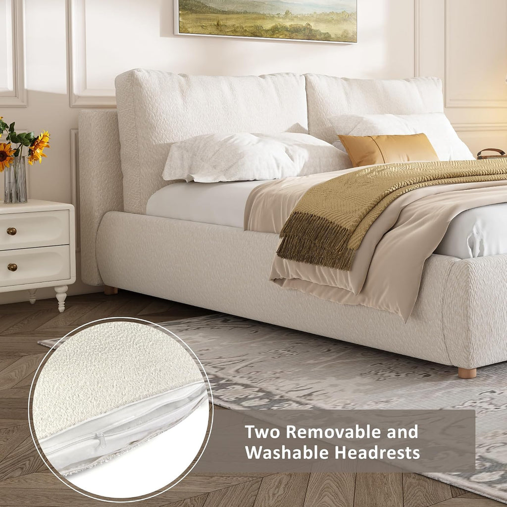Merax Queen Boucle Upholstered Bed, 2 Removable Headboard Pillows, White