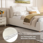 Merax Queen Boucle Upholstered Bed, 2 Removable Headboard Pillows, White