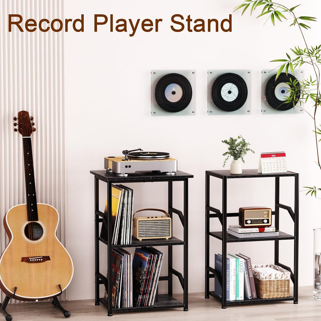 LOAKEKEL Record Player Stand, Large Vinyl Record Storage Up to 200 Albums | 3 Tier End Table with Removable Dividers, Turntable Stand for Player, Tall Side Table for Living Room, Bedroom, Black