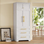78.2" Tall Kitchen Pantry, Mid-Century Modern Storage Cabinet with 3 Drawers, Freestanding Pantry Cabinets with 4 Doors & Adjustable Shelves, Versatile Cupboard for Dining & Living Room,White