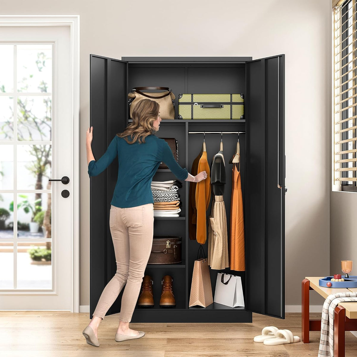 Metal Wardrobe Cabinet with Lock,72" Armoire Closet with Hanging Rod,Lockable Storage Locker,Black Storage Cabinet with Locking Doors,Garage Closet,Steel Wardrobe for Home,Bedroom,Office,Employee,Shop