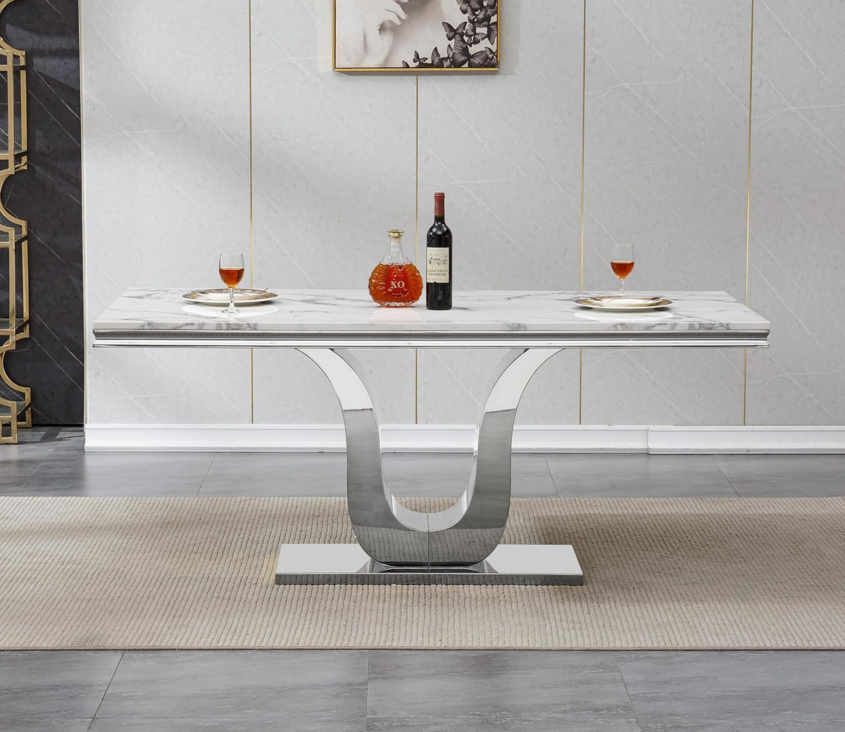 SSLine Modern White Marble Dining Table for 6-8 Rectangle 68" Faux Marble Kitchen Table for 6 Luxury Dining Room Tables with Silver Mirrored Stainless Steel U-Shape Pedestal Base for Home Office