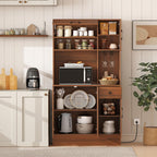 LOKO 66” Tall Pantry with Charging Station, Freestanding Storage Cabinet with Microwave Stand, Wine Glass Holder, Adjustable Shelves, Kitchen Hutch Cabinet for Living Room, Dining Room, Brown