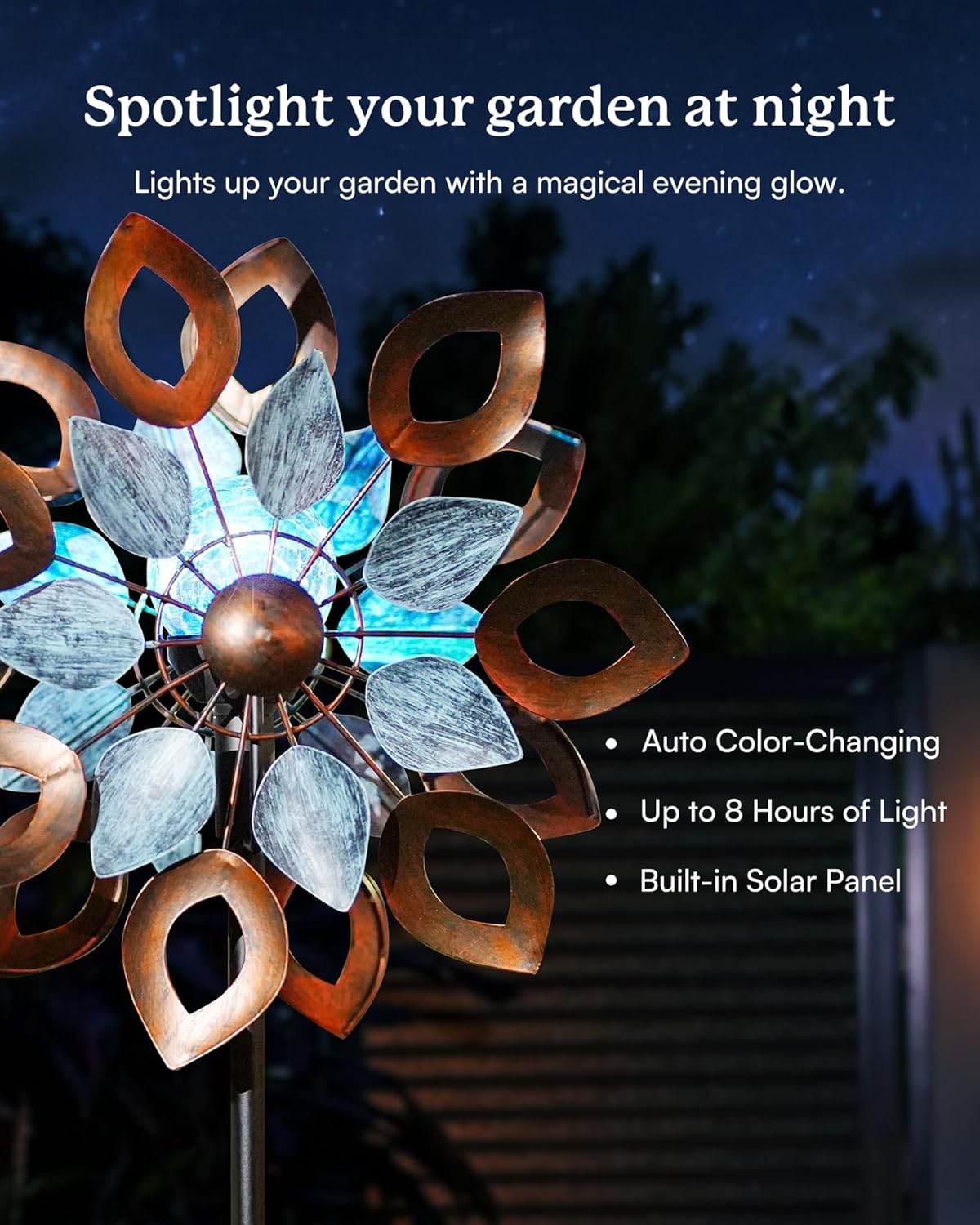 Copper Wind Spinners Outdoor 74 Inches with Solar LED Light, Kinetic Dual Wind Sculptures & Spinners for Yard Lawn Garden Decor, Large Metal Clearance Windmill with Bronze Leaf