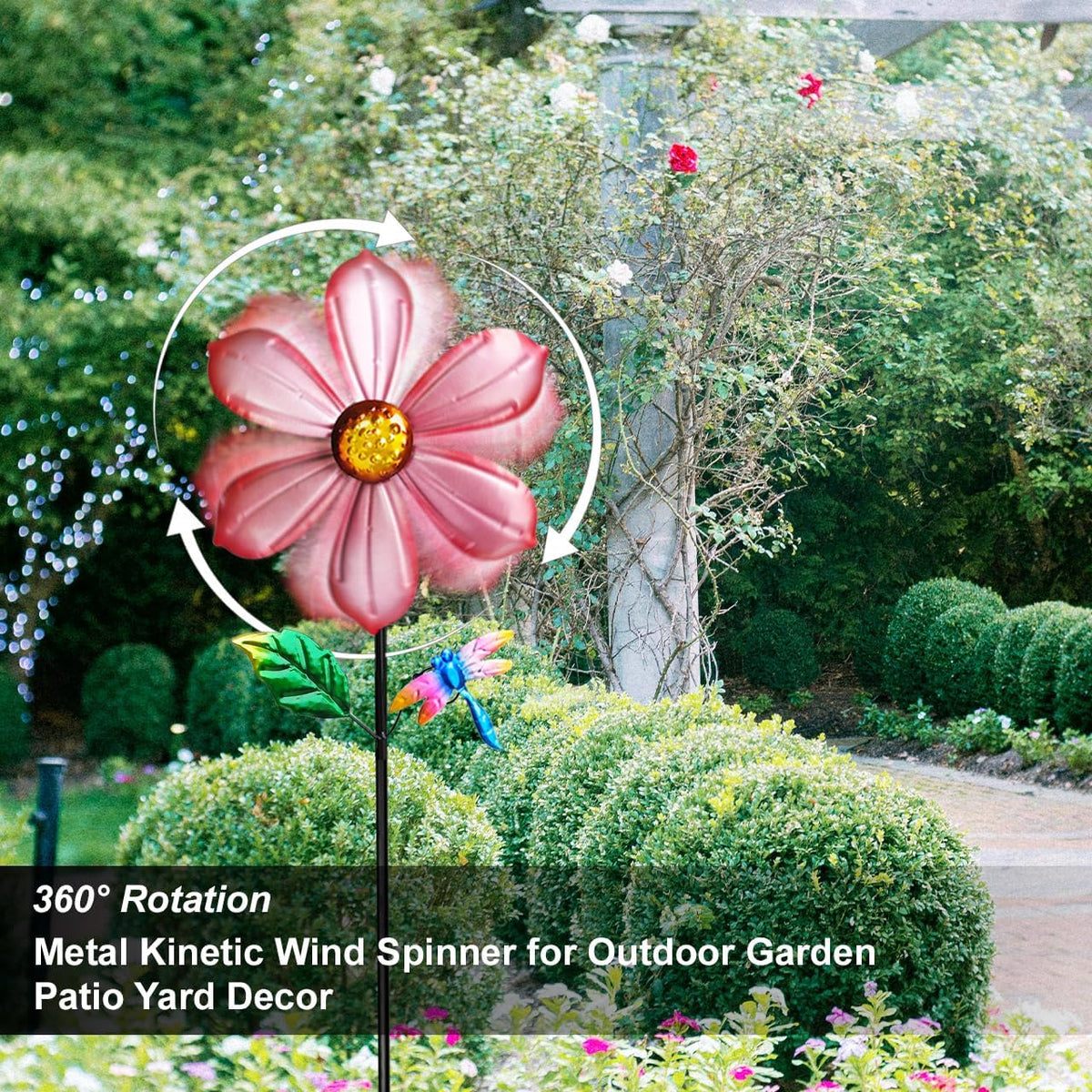 Metal Outdoor Flower Wind Spinner with Pink Floral & Gold Dragonfly, Decorative Kinetic Wind Sculpture for Yard, Garden, Patio, Lawn - Vibran Garden Art & Lawn Ornament for Outdoor Decor