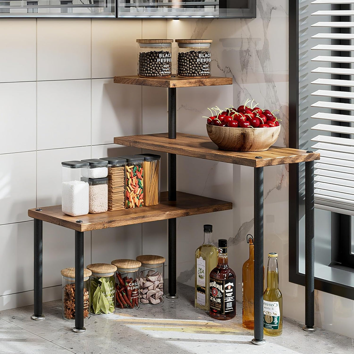 Countertop Organizer Organization 3 Tier Kitchen Corner Shelves Adjustable Spice Storage Rack for Bathroom Coffee Area Over Sink (Black)