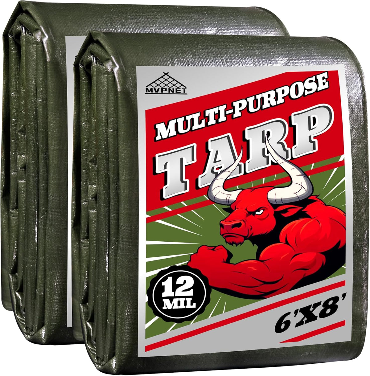 Green/Silver Heavy Duty Waterproof Tarp 6x8FT(2pack), 12mil Thick，Multifunctional tarp Whit Tear&Fade Resistant,UV Resistant,with Grommets and Reinforced Edges.
