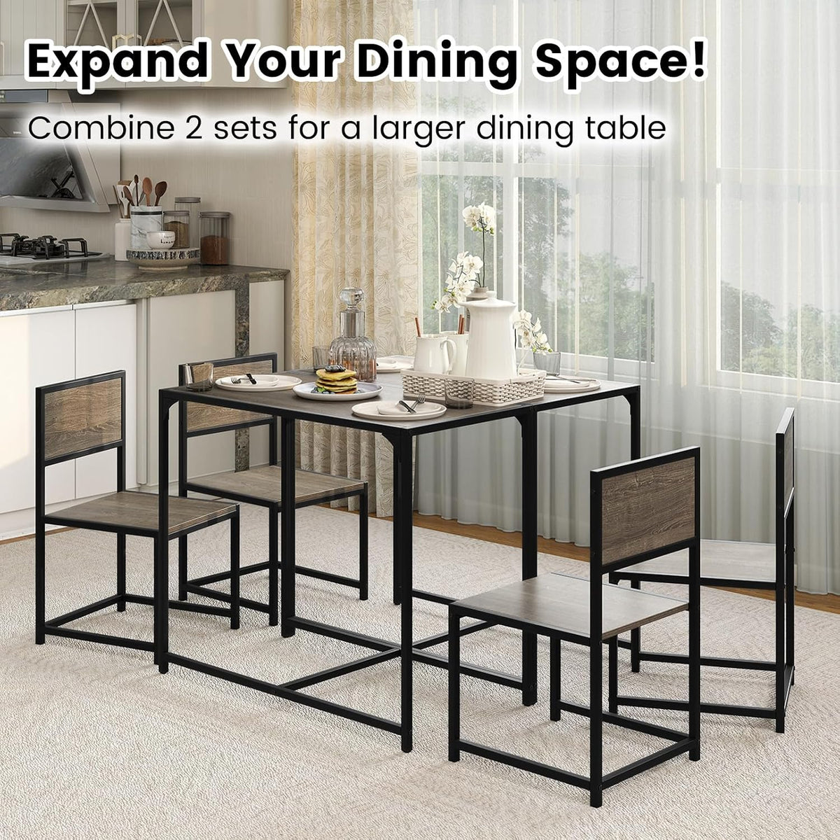 COSTWAY 3-Piece Small Dining Table Set for 2, Industrial Dinette Set with Sturdy Metal Frame & Wood Grain Tabletop, Space-Saving Kitchen Table and Chairs for Apartment, Small Spaces (Gray Oak)
