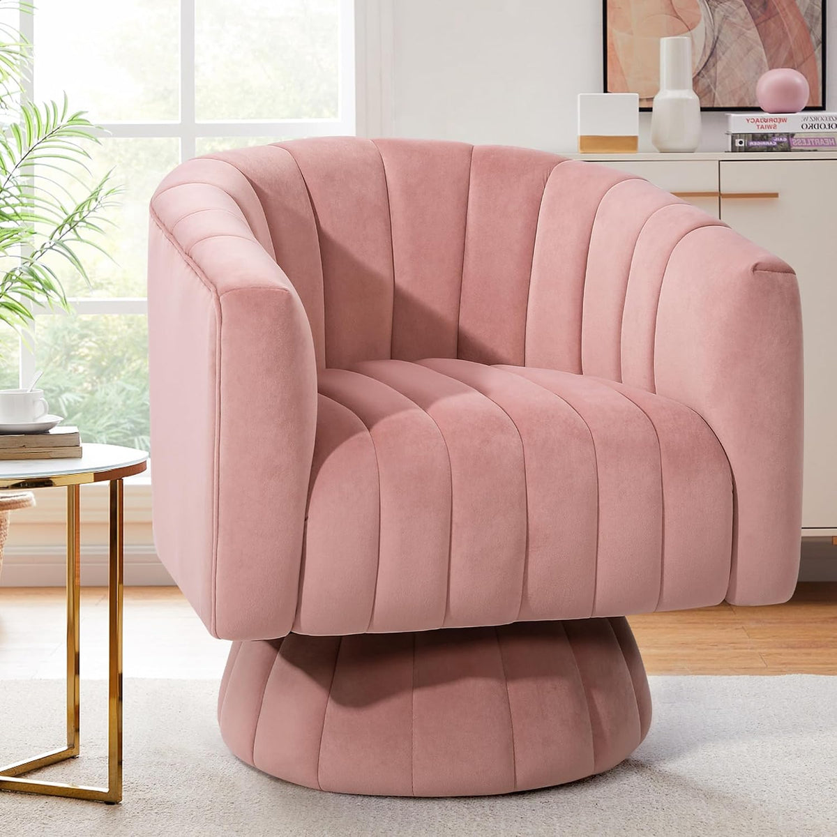 Kromax Swivel Accent Chair, Mid Century 360 Degree Barrel Chair with Armrest, Overstuffed Tufted Velvet, Ideal for Living Room, Bedroom, Reading Room, Light Pink