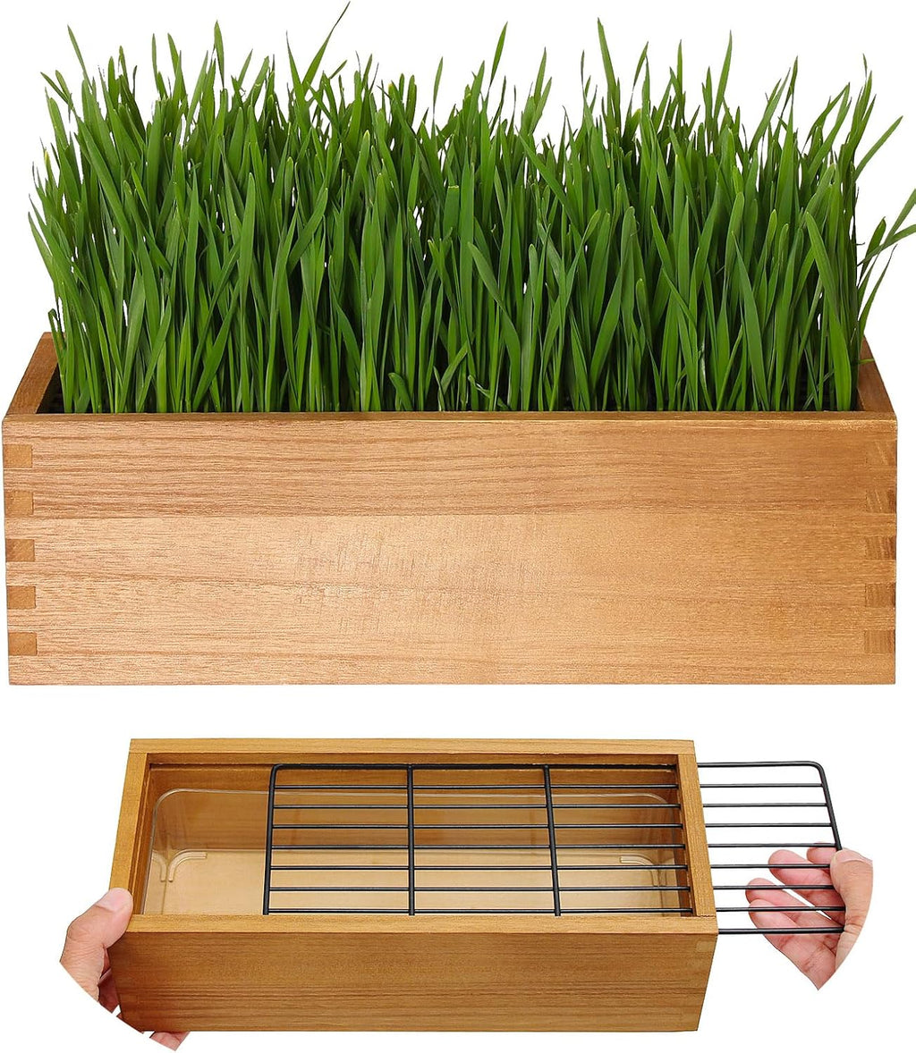 Wooden Cat Grass Planter (no Seeds Included) with Potting Soil Disks, Anti-Digging Grid and Removable Plastic Liner, Wheat Grass Growing Pot, Cat Grass Kit for Indoor Cats Pets (Aged Yellow)