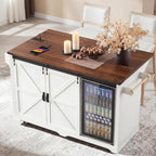 72" Rolling Kitchen Island with Mini Fridge Space & Power Outlet,White | Farmhouse Kitchen Cart Cabinet with Drop Leaf Table, 4 Drawers, Sliding Barn Doors & Wine Glass Holder