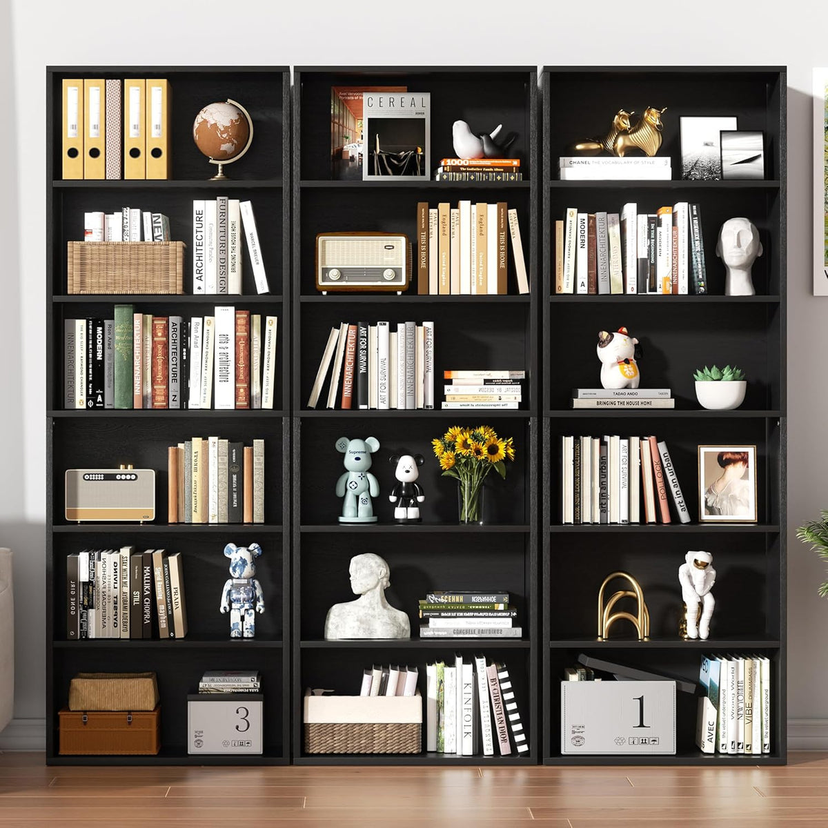 Shintenchi Bookshelf,6-Tier Open Bookcase and Bookshelves,6 Shelf Display Storage Shelves Floor Standing 70.6 inches Tall Bookcase for Home Office, Living Room (Black)
