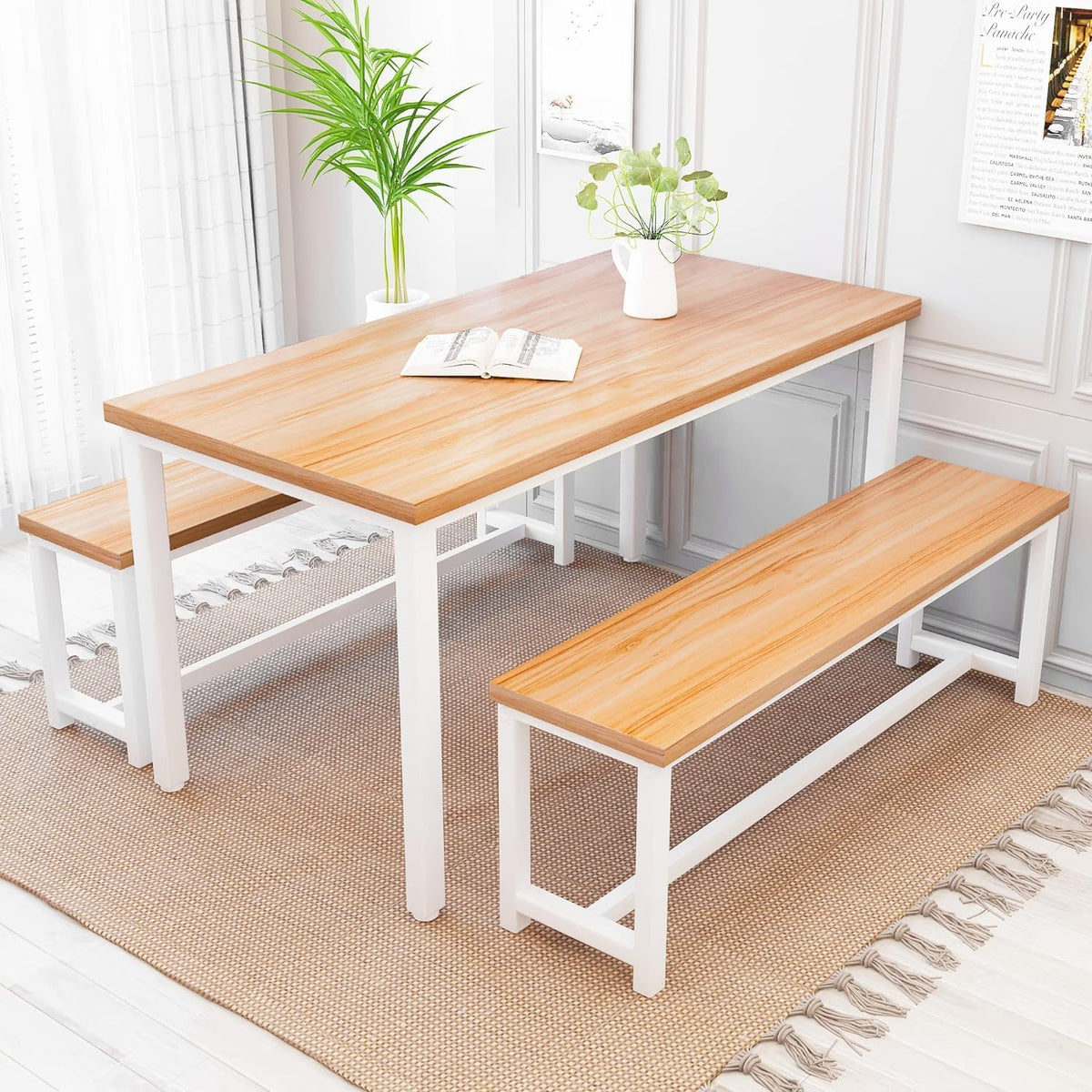 Recaceik Dining Table Set for 4 Kitchen Dining Room Set with 2 Dinner Benches, Farmhouse Breakfast Table for Apartment Small Space, Easy Assembly