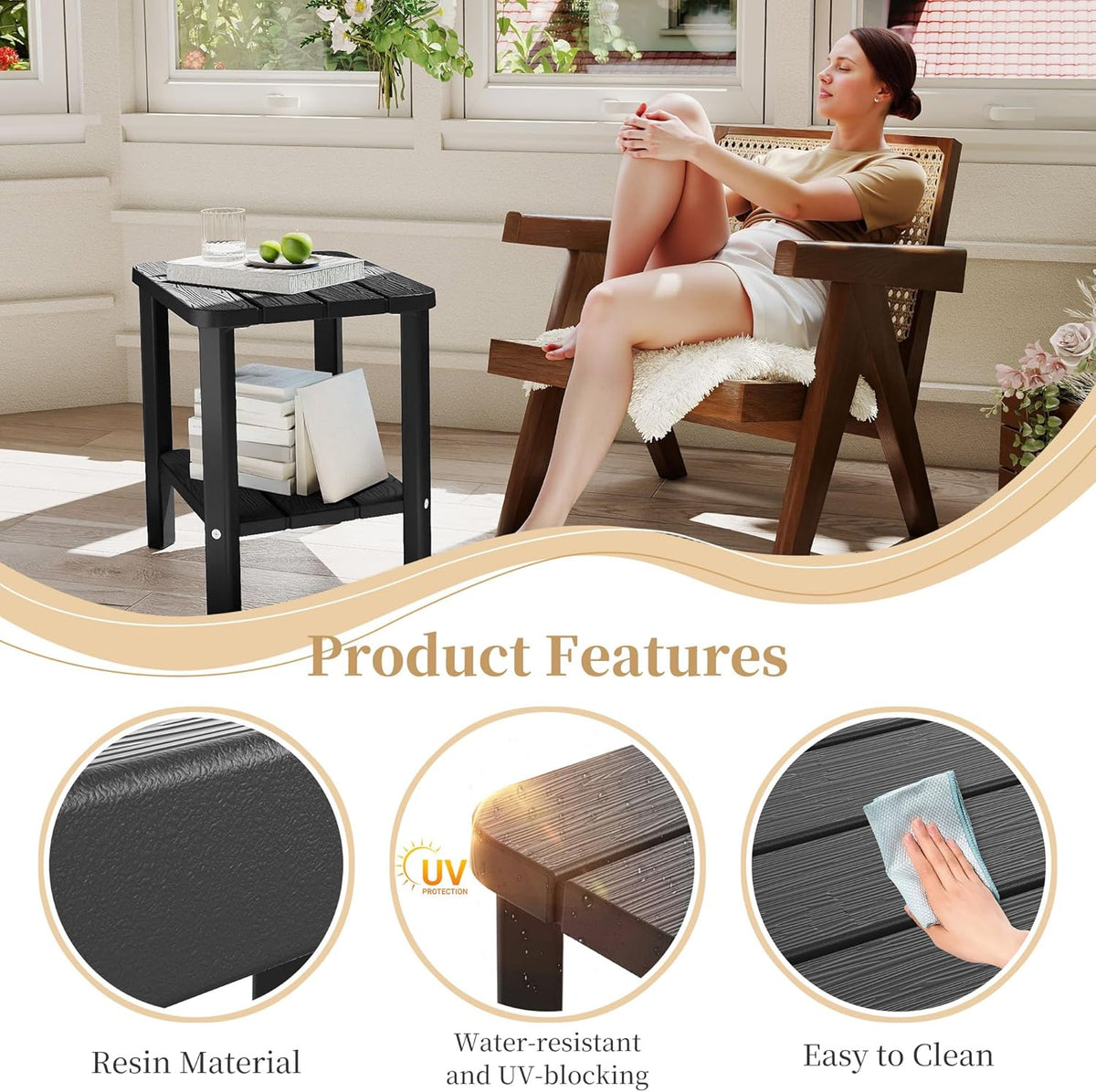 PatioZen Coffee Table Small Outdoor Side Table Weather-Resistant & Easy Assemblyr Patio Furniture,Resin Porch Table for Porch, Balcony, Indoor & Outdoor Use(Black)