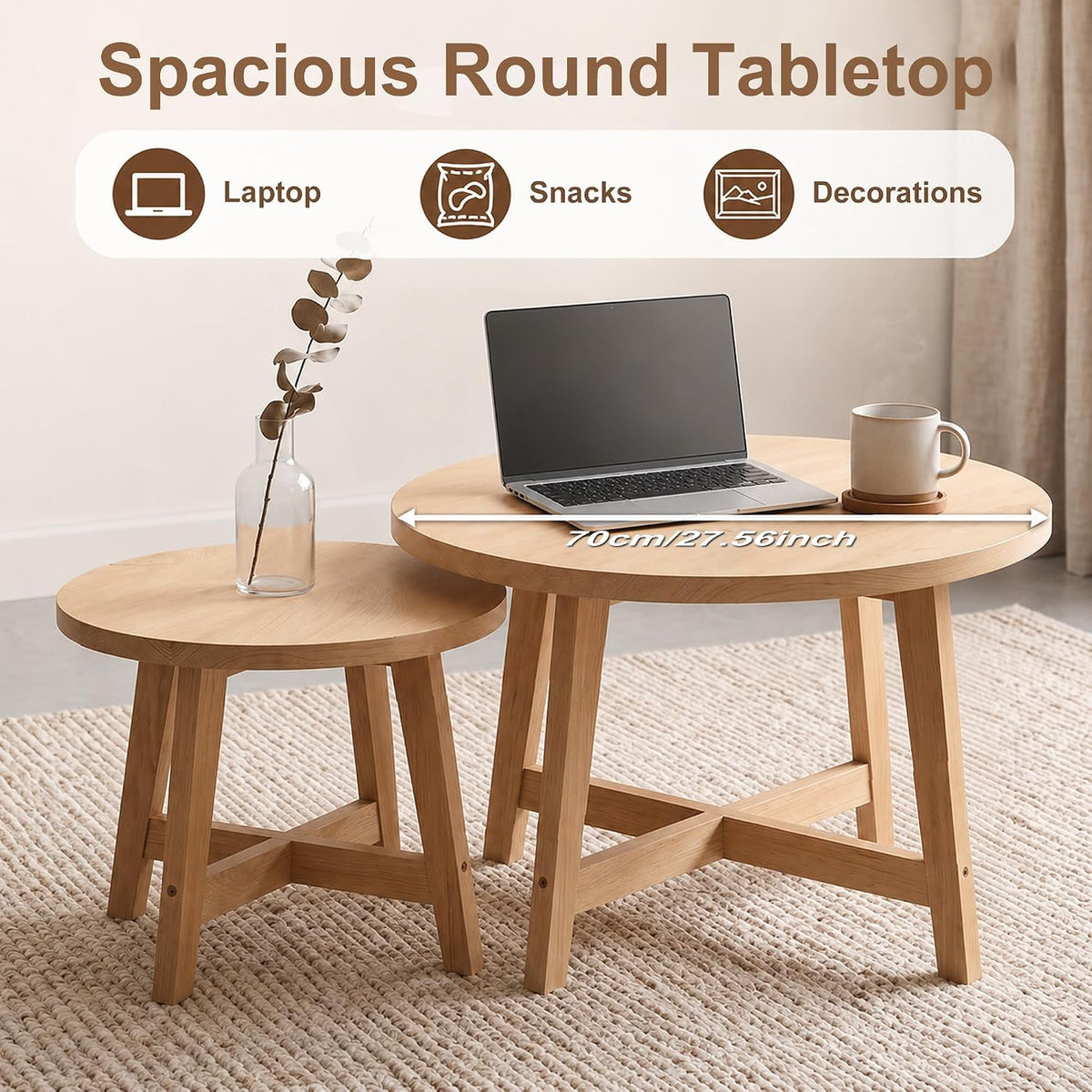 Set of 2 Round Nesting Coffee Tables, Natural Wood Finish Modern Side Tables, X-Shaped Frame Stackable End Tables for Living Room, Bedroom, Balcony 27.56&19.69