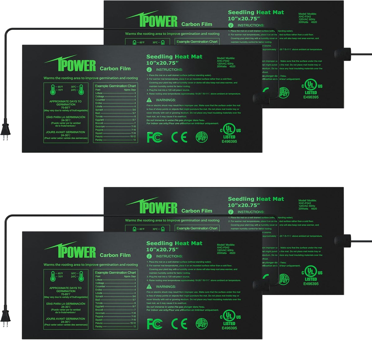 iPower 4 Pack 10" x 20.75" Seeding Heat Mat Upgraded Carbon Film Indoor Warm Hydroponic Plant Germination Starting Pad Durable Waterproof, Black